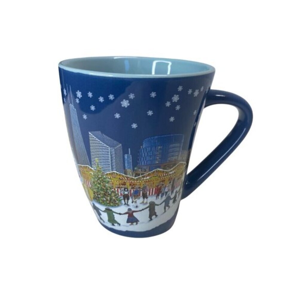 Christkindlmarket 2022 Ceramic Mug Chicago Skyline Snow Scene 12 Oz Blue & Multi